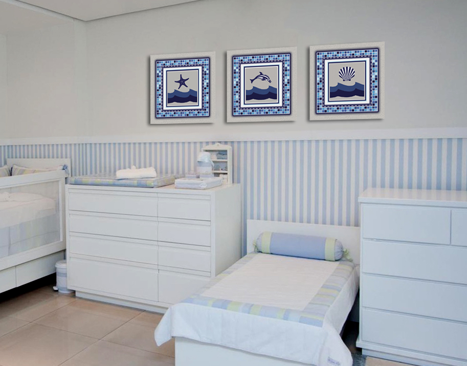 Conjunto Kit com 3 Quadros Náuticos Decorativos Linha Náutica Marinheiro - Mar 1
