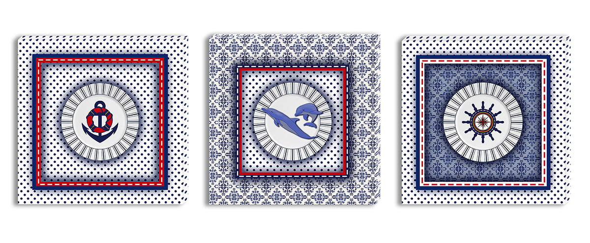 Conjunto Kit com 3 Quadros Náuticos Decorativos Linha Náutica Marinheiro - Mar 2