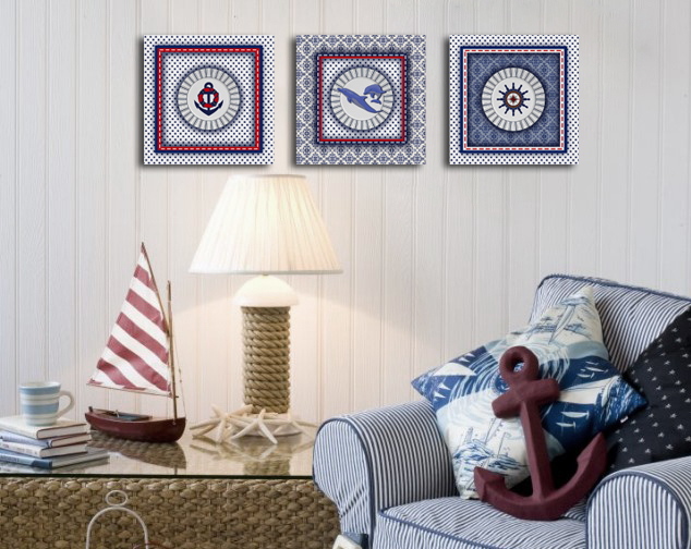 Conjunto Kit com 3 Quadros Náuticos Decorativos Linha Náutica Marinheiro - Mar 2