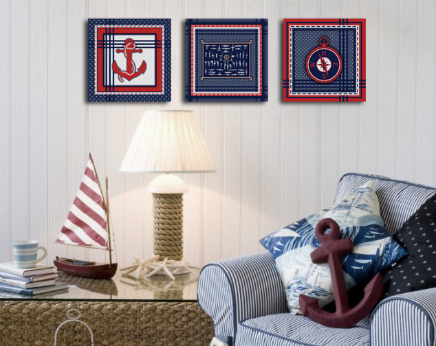 Conjunto Kit com 3 Quadros Náuticos Decorativos Linha Náutica Marinheiro - Mar 6