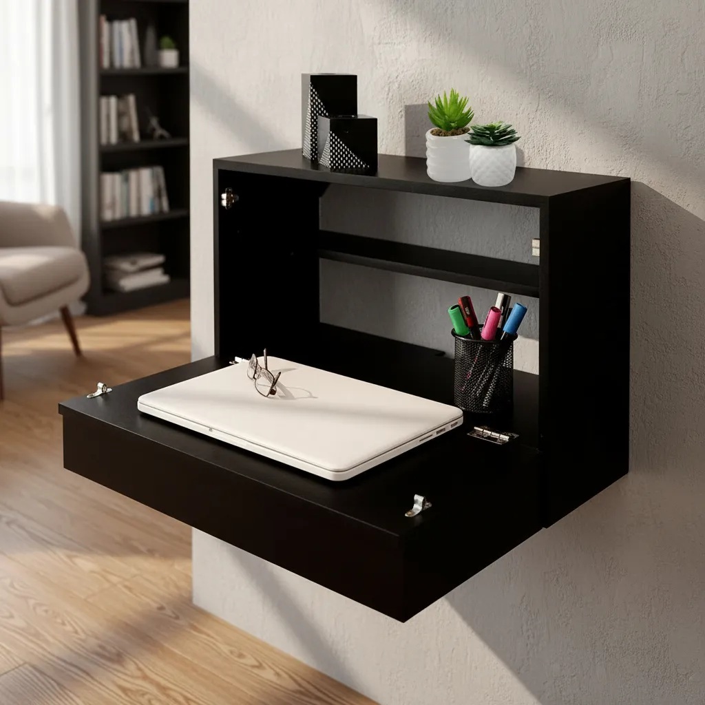 Escrivaninha Suspensa Bancada Compacta com Gaveta Mesa para Notebook Preto Laca