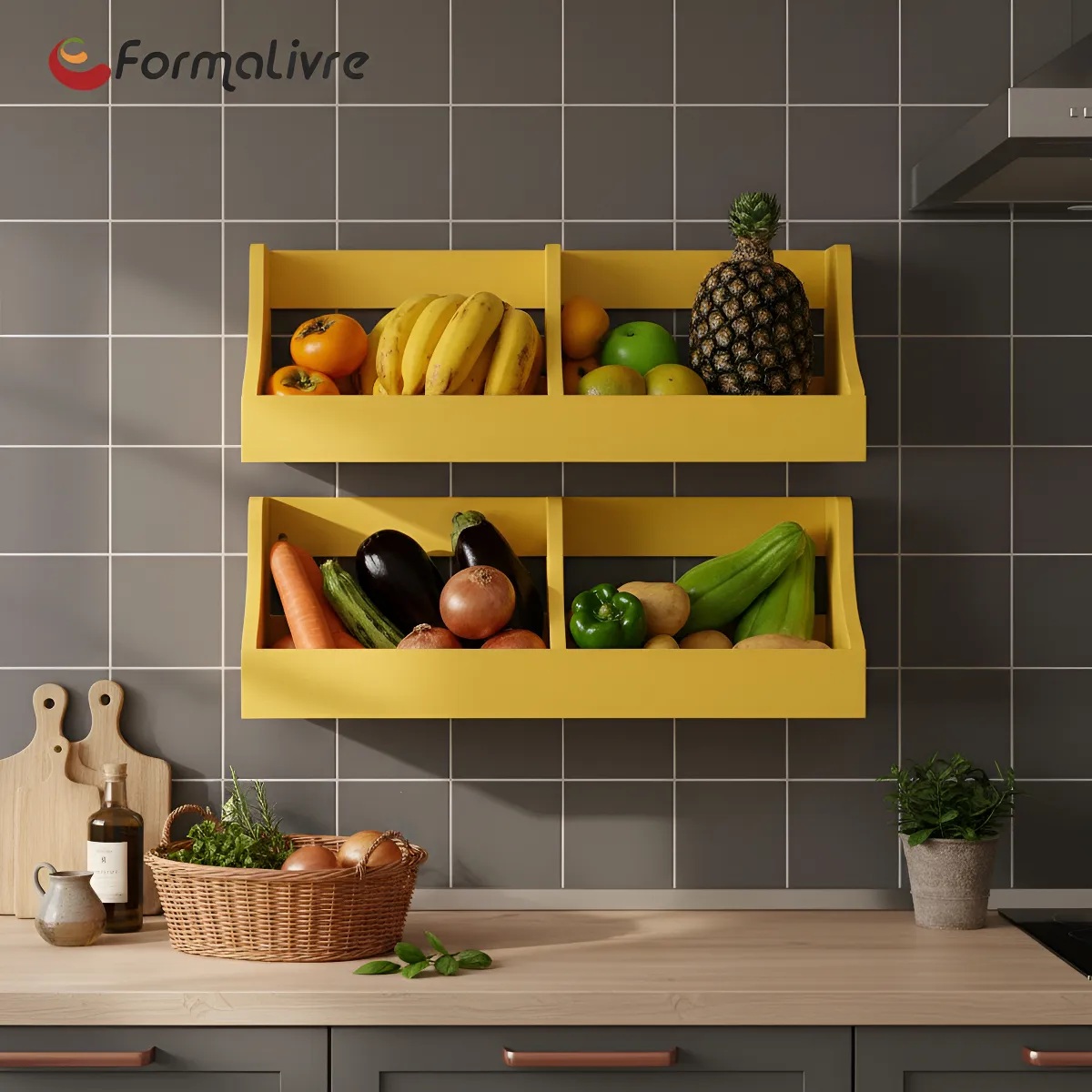 Fruteira Suspensa de Parede Prateleira Porta Legumes Cozinha em Madeira Amarelo Laca