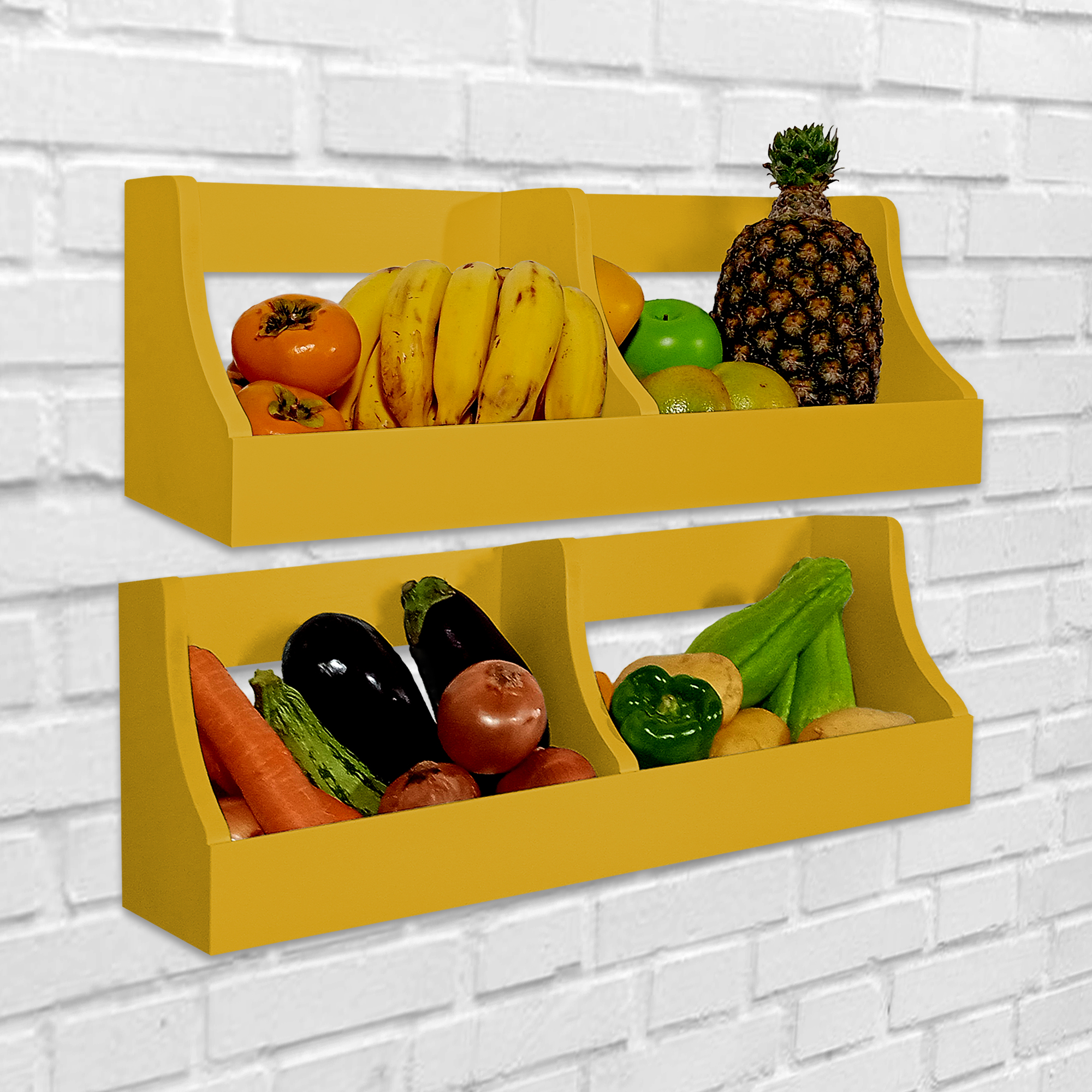 Fruteira Suspensa de Parede Prateleira Porta Legumes Cozinha em Madeira Amarelo Laca