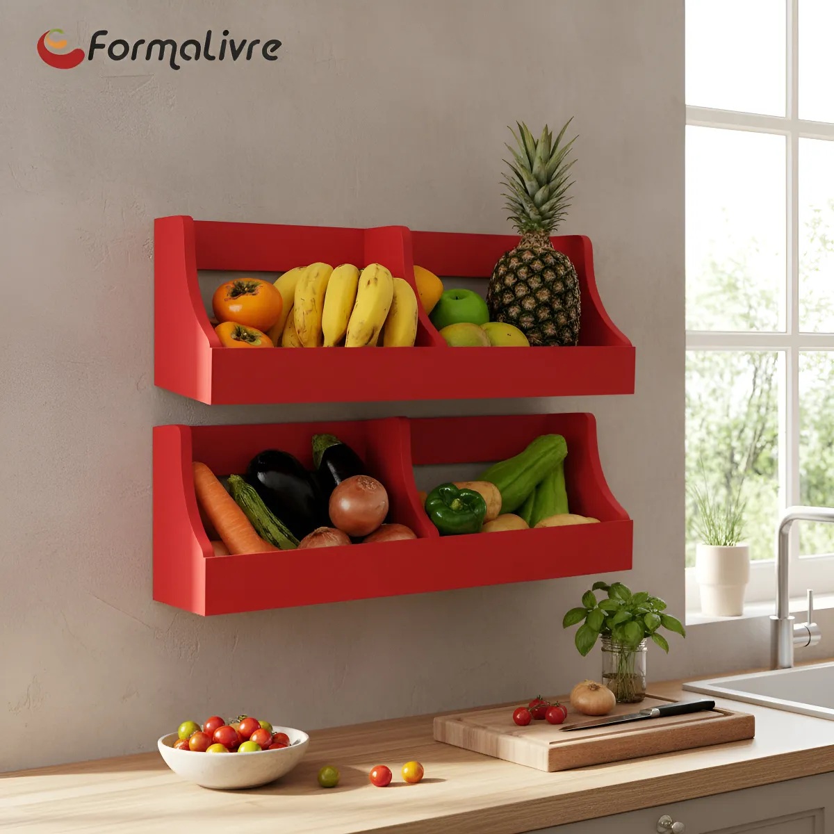 Fruteira Suspensa de Parede Prateleira Porta Legumes Cozinha em Madeira Vermelho Laca