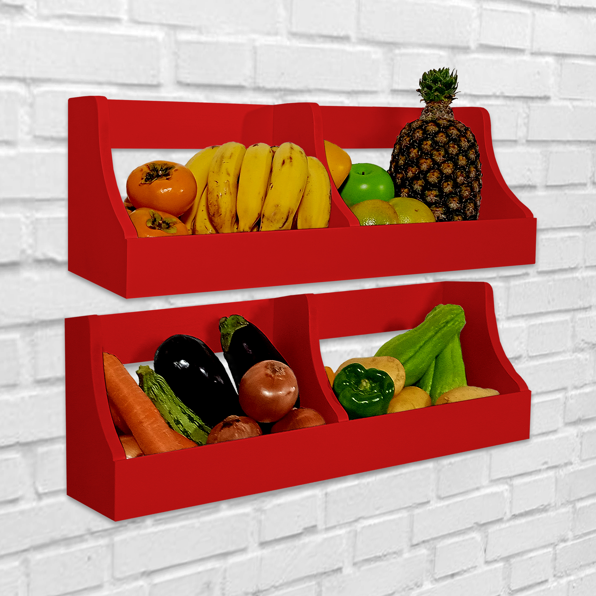 Fruteira Suspensa de Parede Prateleira Porta Legumes Cozinha em Madeira Vermelho Laca