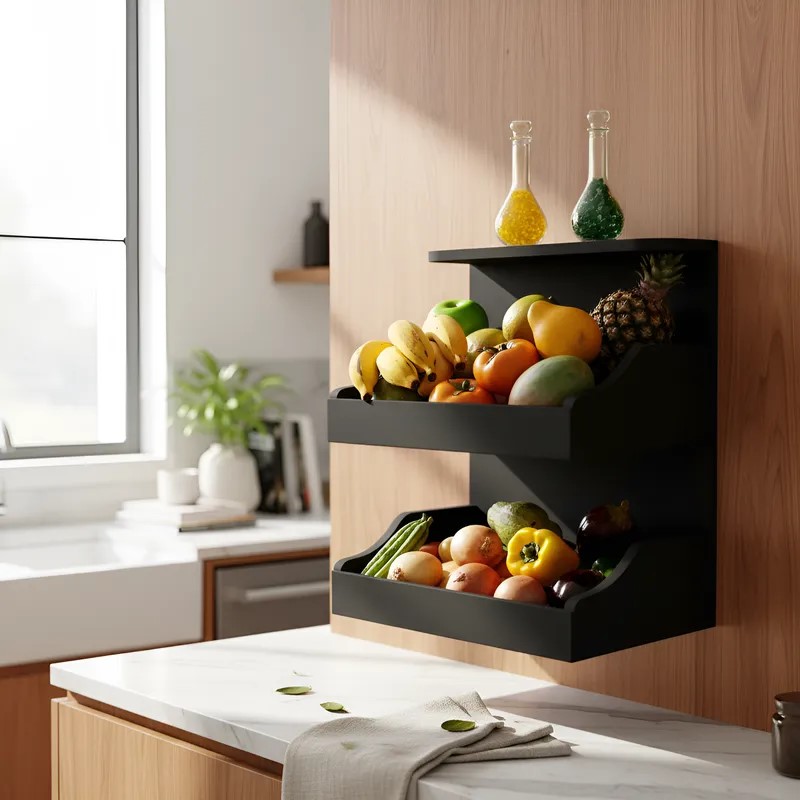 Fruteira Suspensa de Parede com Painel Porta Legumes Cozinha em Madeira Preto Laca