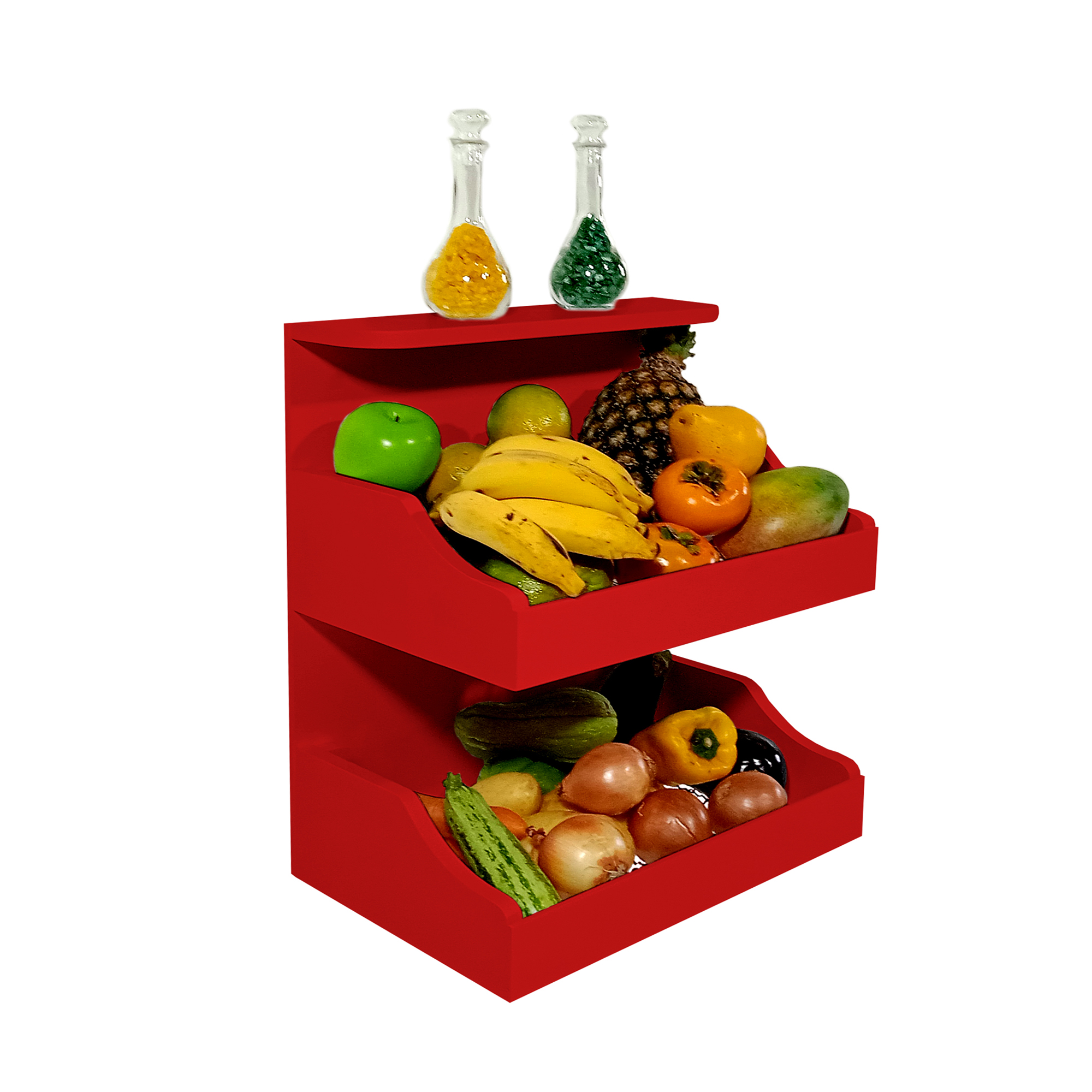 Fruteira Suspensa de Parede com Painel Porta Legumes Cozinha em Madeira Vermelho Laca