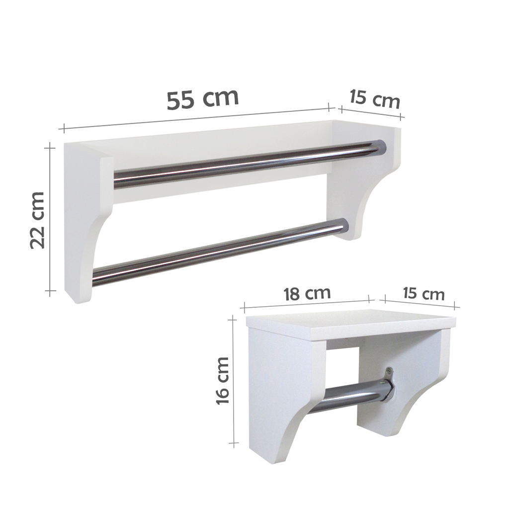 Kit Acessórios para Banheiro Conjunto 2 peças Porta Toalhas Papel Higiênico Branco Laca