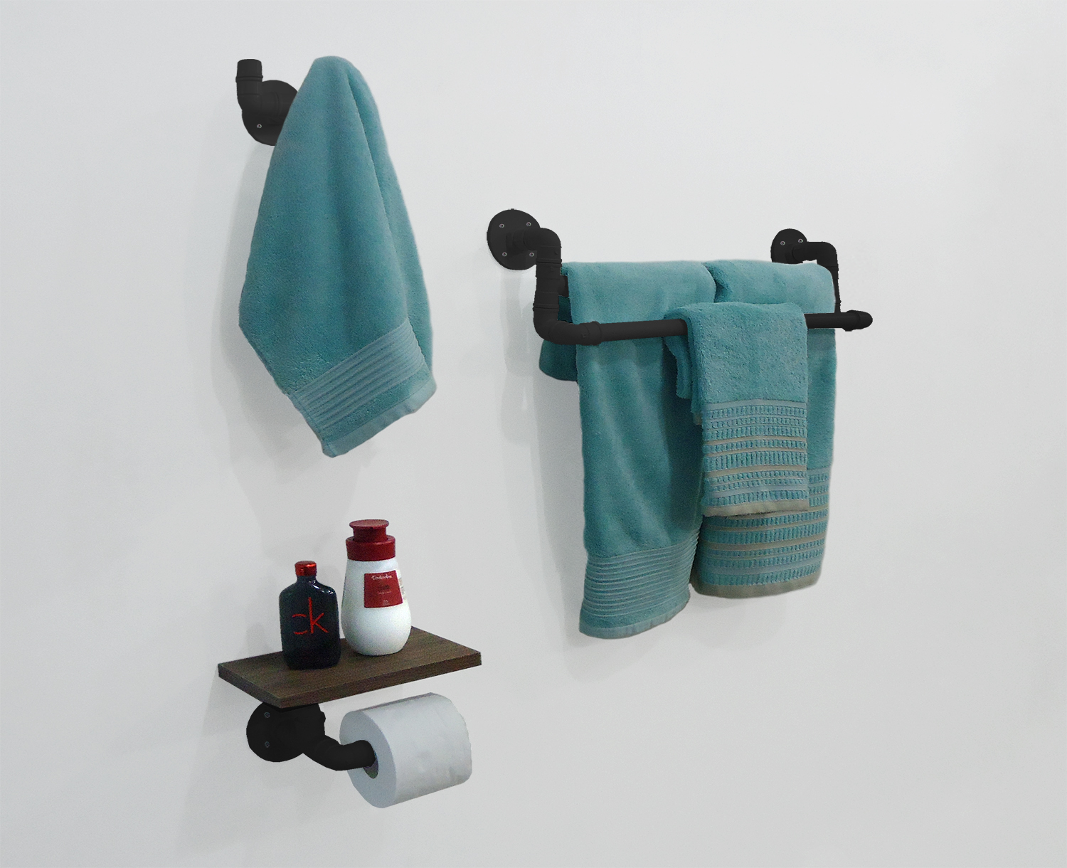 Kit Acessórios para Banheiro Conjunto 3 peças Porta Toalhas Papel Cabideiro Estilo Industrial Preto Laca