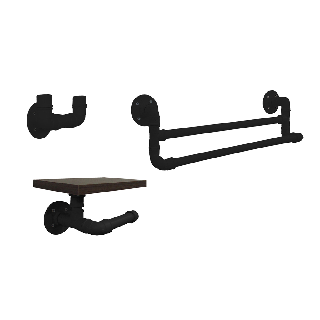 Kit Acessórios para Banheiro Conjunto 3 peças Porta Toalhas Papel Cabideiro Estilo Industrial Preto Laca