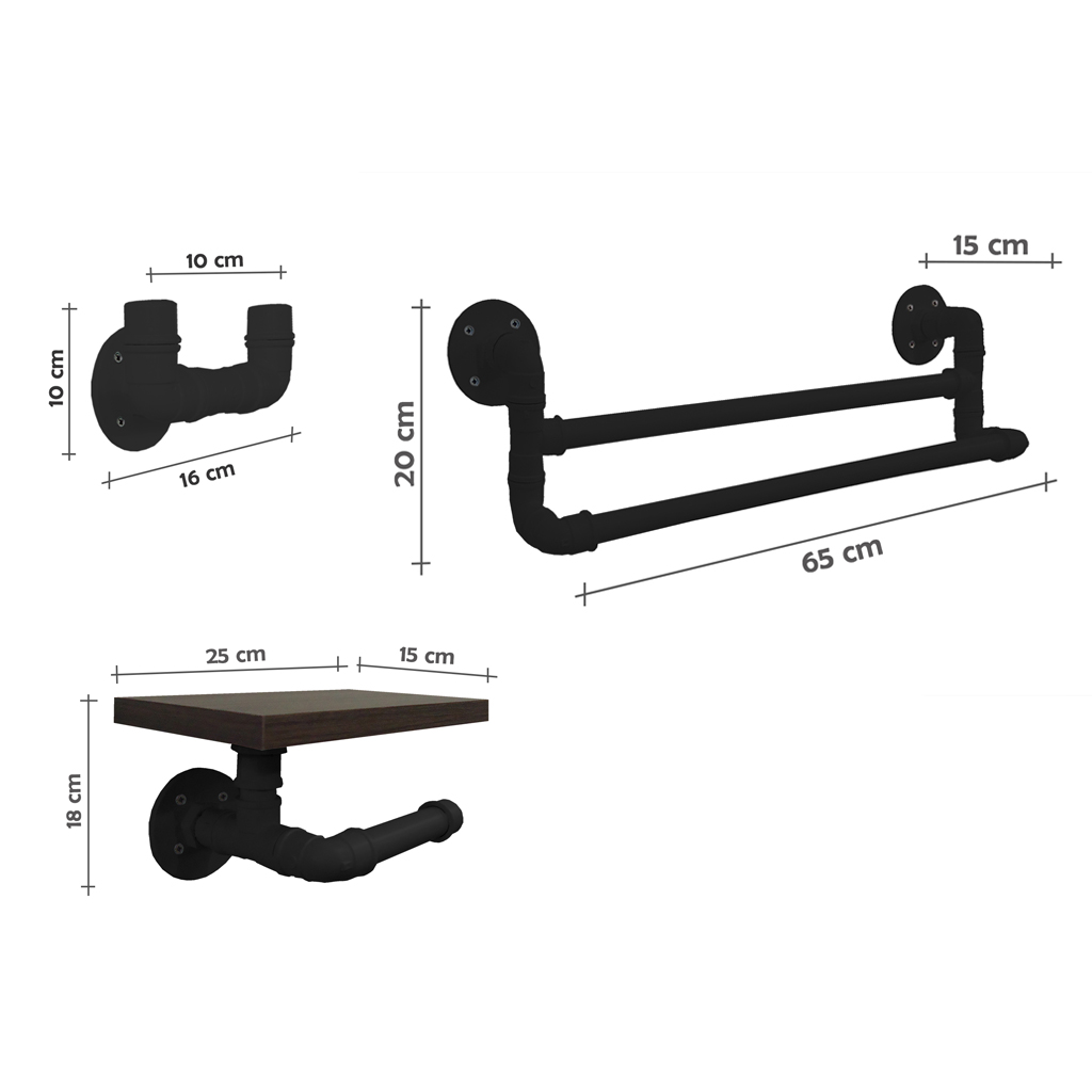 Kit Acessórios para Banheiro Conjunto 3 peças Porta Toalhas Papel Cabideiro Estilo Industrial Preto Laca