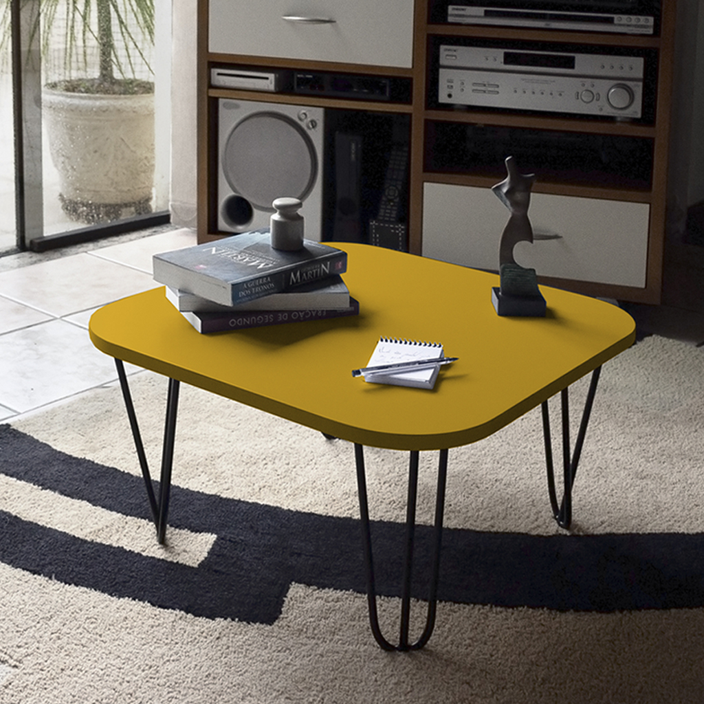 Mesa De Centro Pés Hairpin Legs Lateral De Apoio Para Sala Estar Dormitório Amarelo Laca