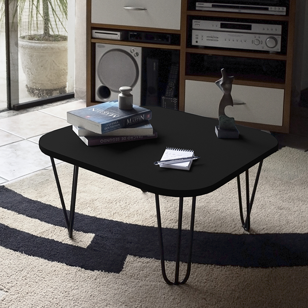 Mesa De Centro Pés Hairpin Legs Lateral De Apoio Para Sala Estar Dormitório Preto Laca