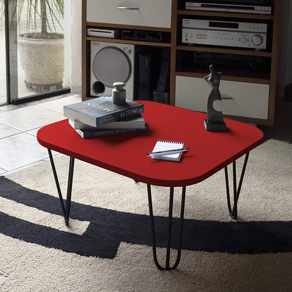 Mesa De Centro Pés Hairpin Legs Lateral De Apoio Para Sala Estar Dormitório Vermelho Laca