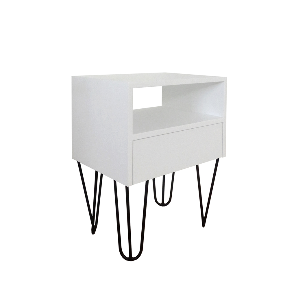Mesa de Cabeceira Lateral Nicho com Gaveteiro Pés Hairpin Legs Estilo Industrial Branco Laca