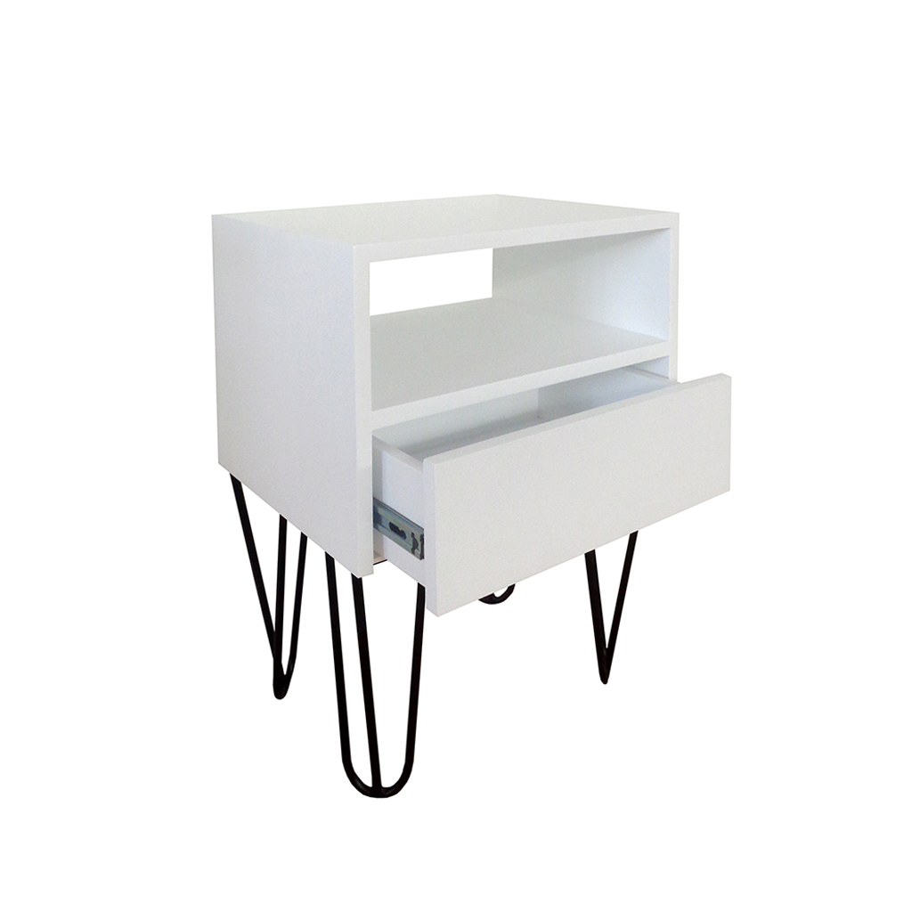 Mesa de Cabeceira Lateral Nicho com Gaveteiro Pés Hairpin Legs Estilo Industrial Branco Laca