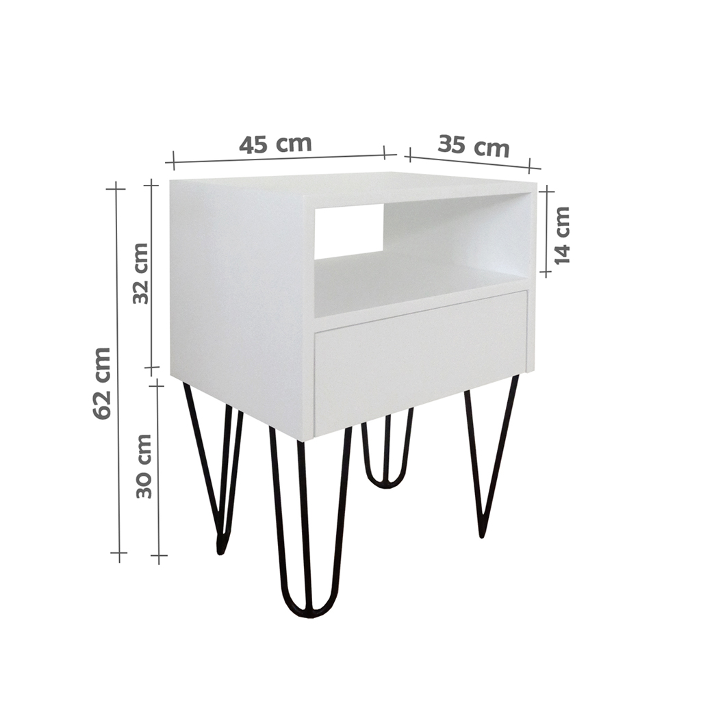 Mesa de Cabeceira Lateral Nicho com Gaveteiro Pés Hairpin Legs Estilo Industrial Branco Laca