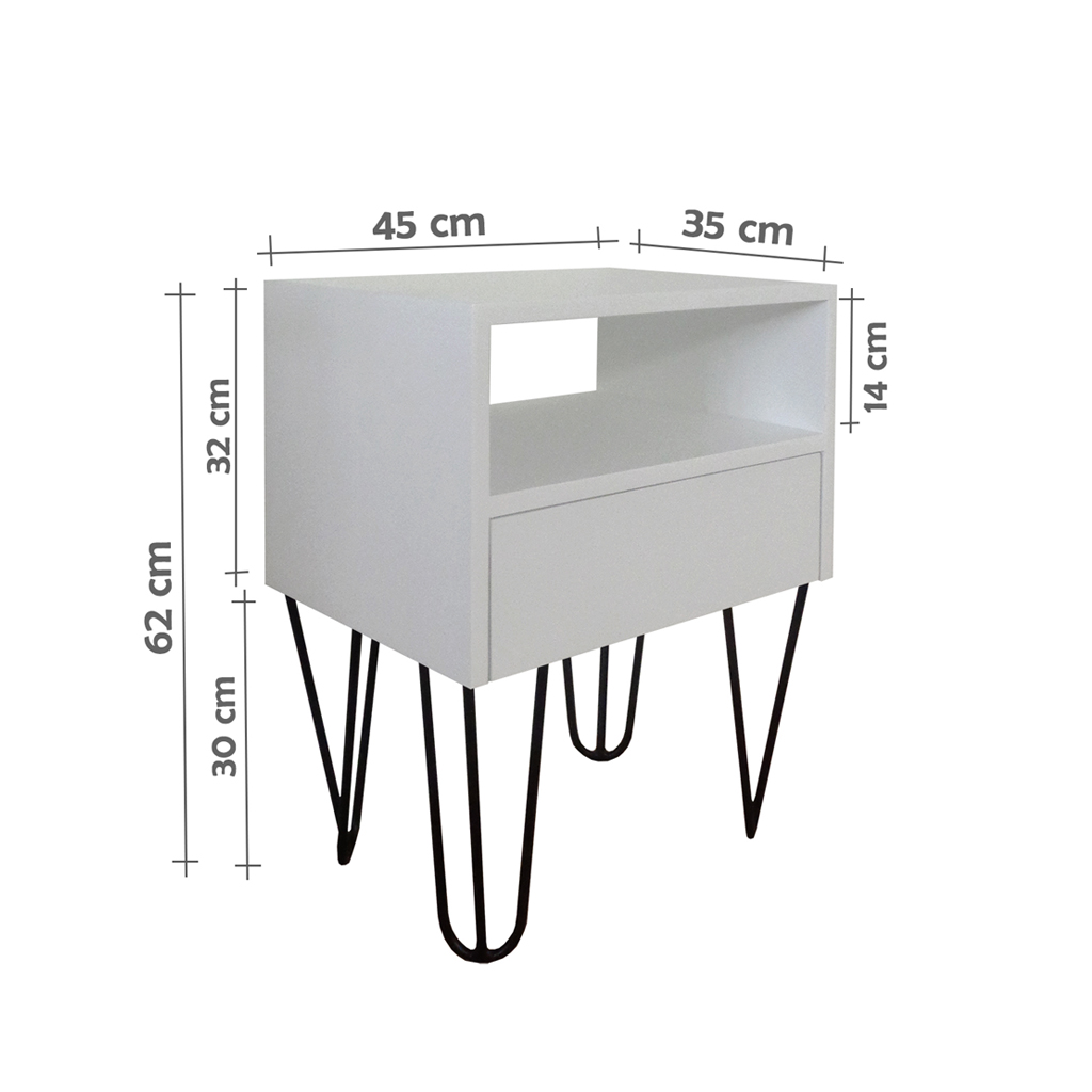 Mesa de Cabeceira Lateral Nicho com Gaveteiro Pés Hairpin Legs Estilo Industrial Off White Laca