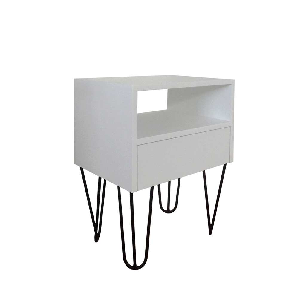 Mesa de Cabeceira Lateral Nicho com Gaveteiro Pés Hairpin Legs Estilo Industrial Off White Laca