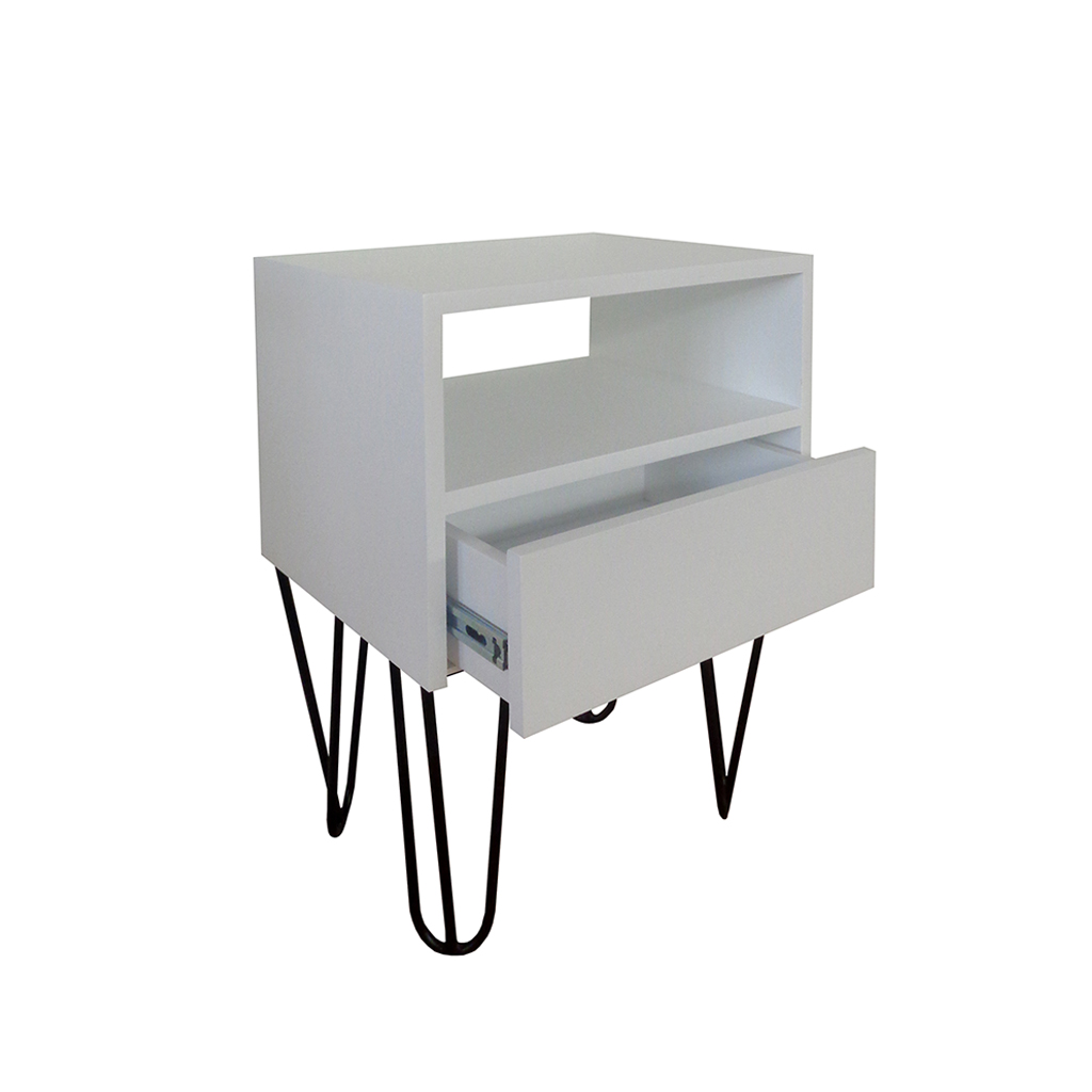 Mesa de Cabeceira Lateral Nicho com Gaveteiro Pés Hairpin Legs Estilo Industrial Off White Laca