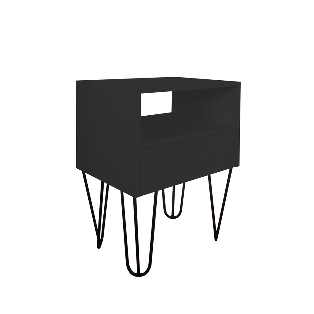 Mesa de Cabeceira Lateral Nicho com Gaveteiro Pés Hairpin Legs Estilo Industrial Preto Laca