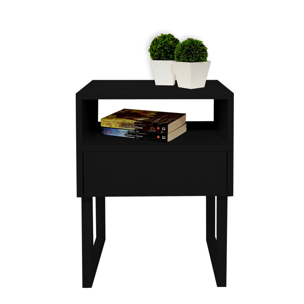Mesa de Cabeceira Lateral Nicho com Gaveteiro Square Preto Laca