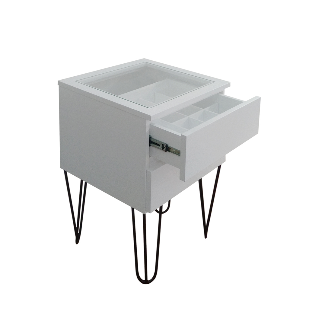 Mesa de Cabeceira Lateral de Apoio Penteadeira Pés Hairpin Legs Estilo Industrial Off White Laca