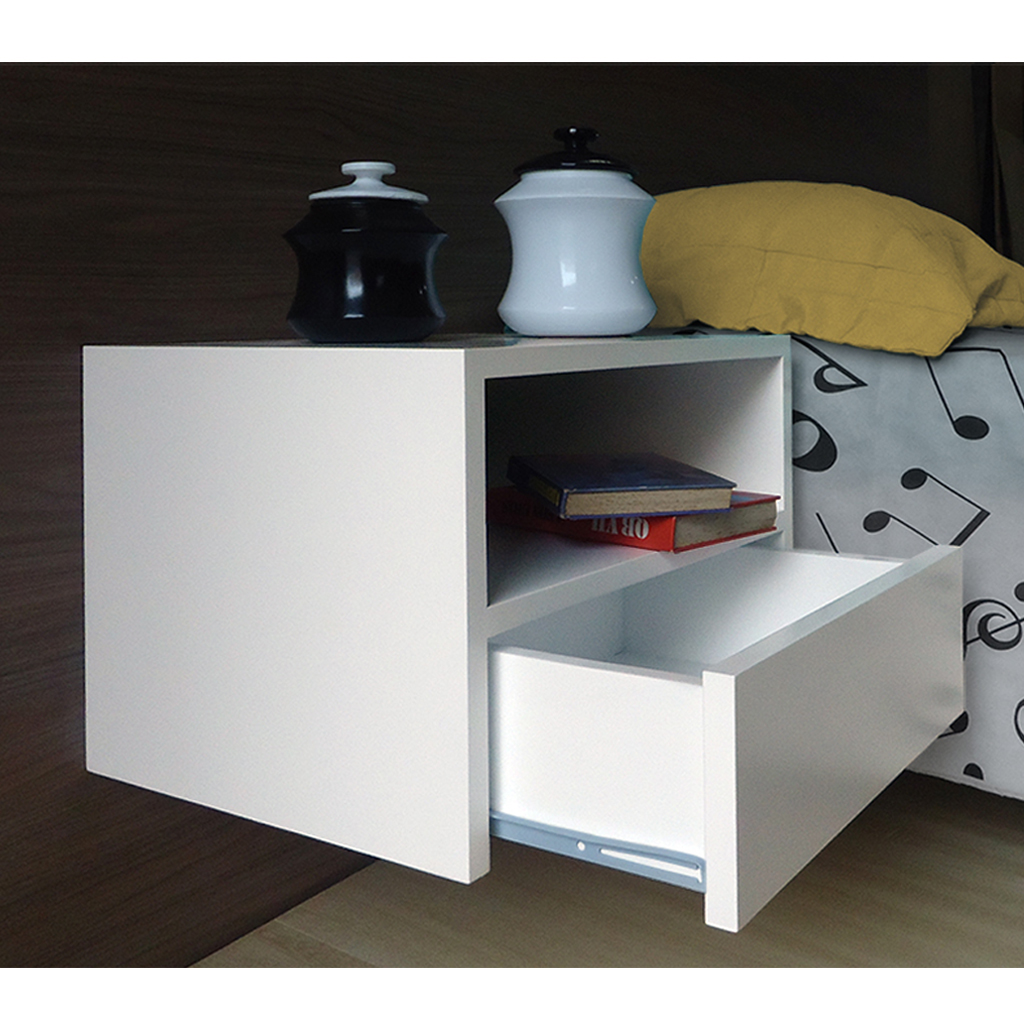 Mesa de Cabeceira Nicho com gaveteiro Suspenso de Parede - Off White Laca