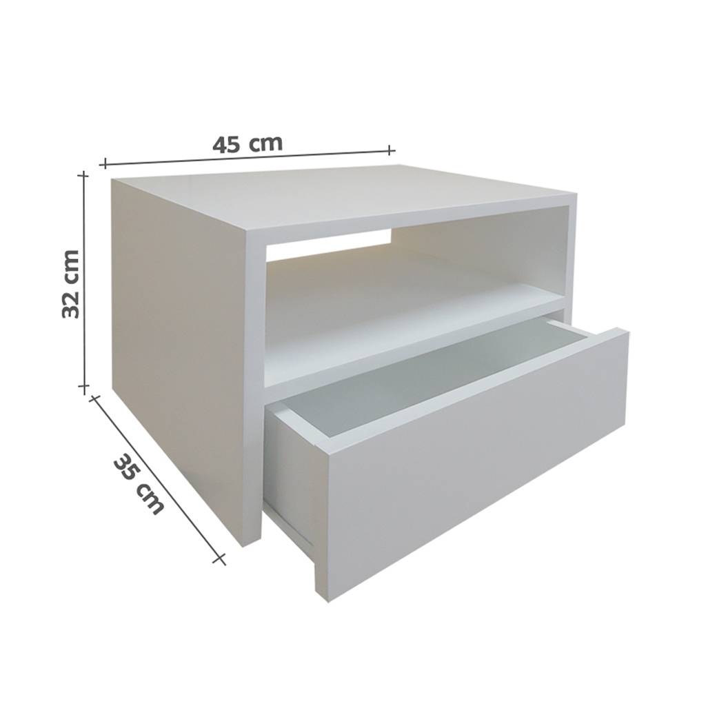 Mesa de Cabeceira Nicho com gaveteiro Suspenso de Parede - Off White Laca