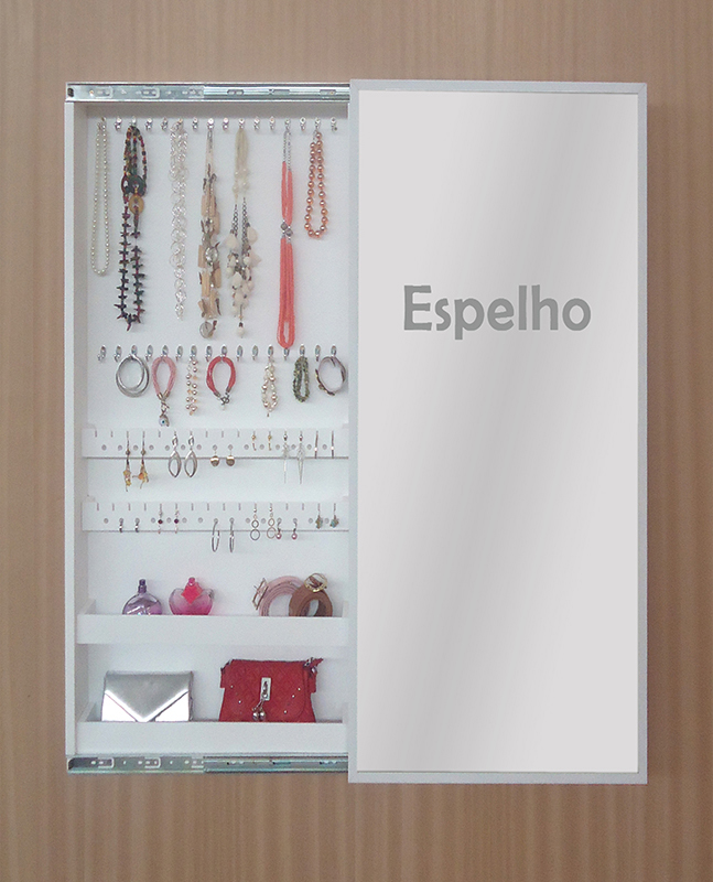 Porta Jóias Brincos e Acessórios Armário Penteadeira de Parede com Espelho Branco Laca