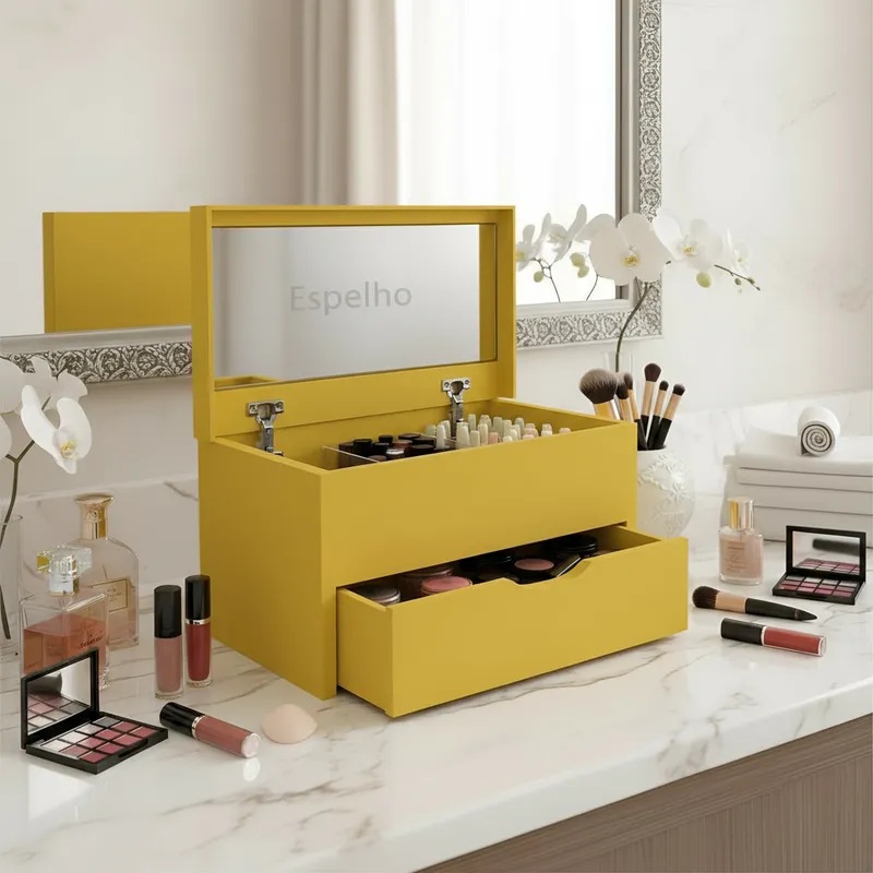 Porta Maquiagem Caixa Organizadora com Espelho Amarelo Laca