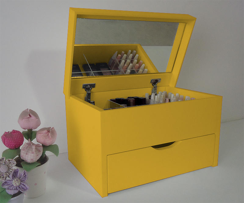 Porta Maquiagem Caixa Organizadora com Espelho Amarelo Laca