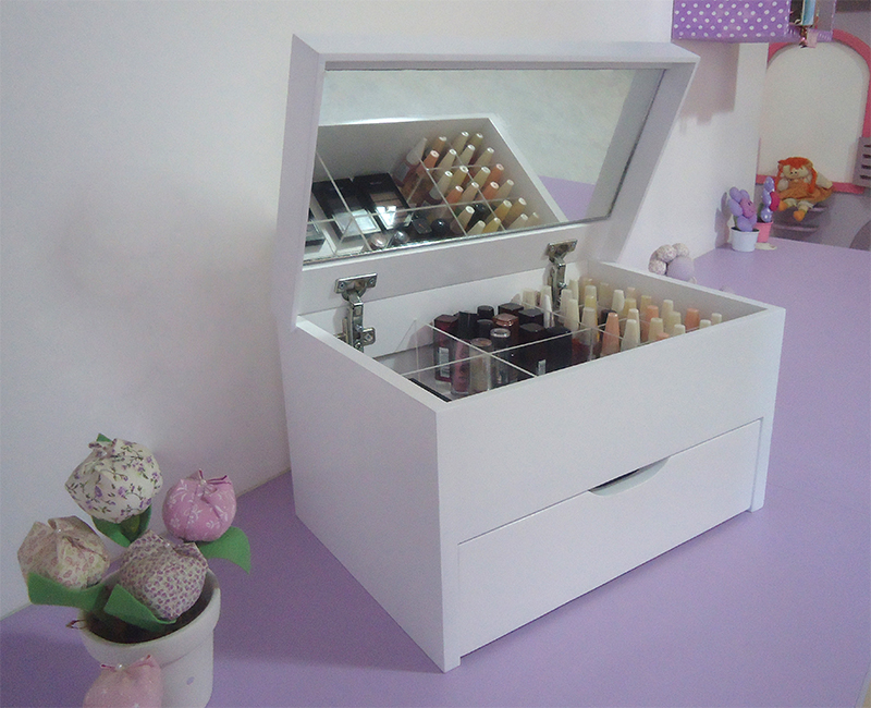 Porta Maquiagem Caixa Organizadora com Espelho Branco Laca
