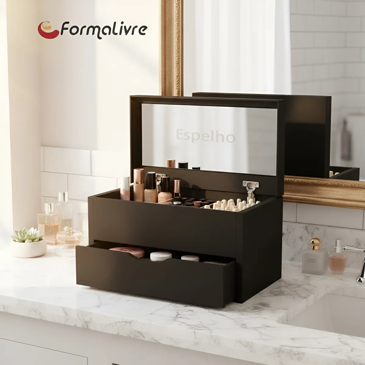 Porta Maquiagem Caixa Organizadora com Espelho Preto Laca