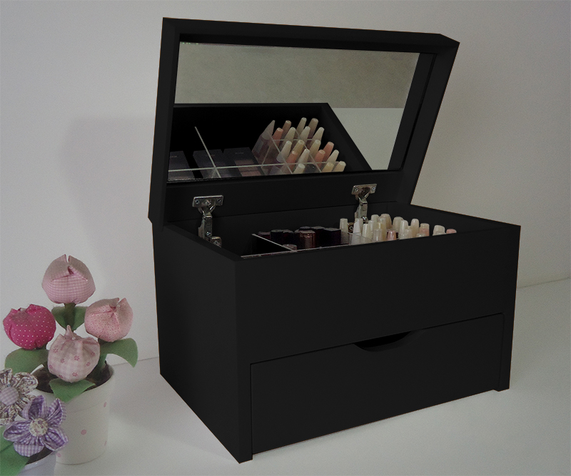 Porta Maquiagem Caixa Organizadora com Espelho Preto Laca
