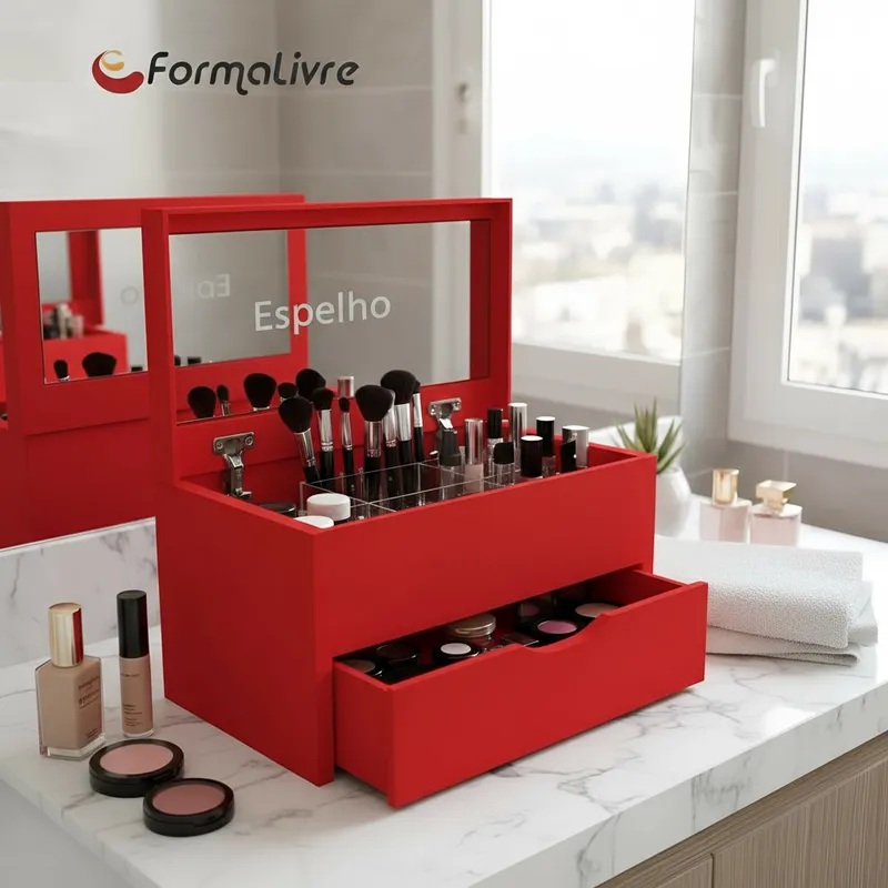 Porta Maquiagem Caixa Organizadora com Espelho Vermelho Laca