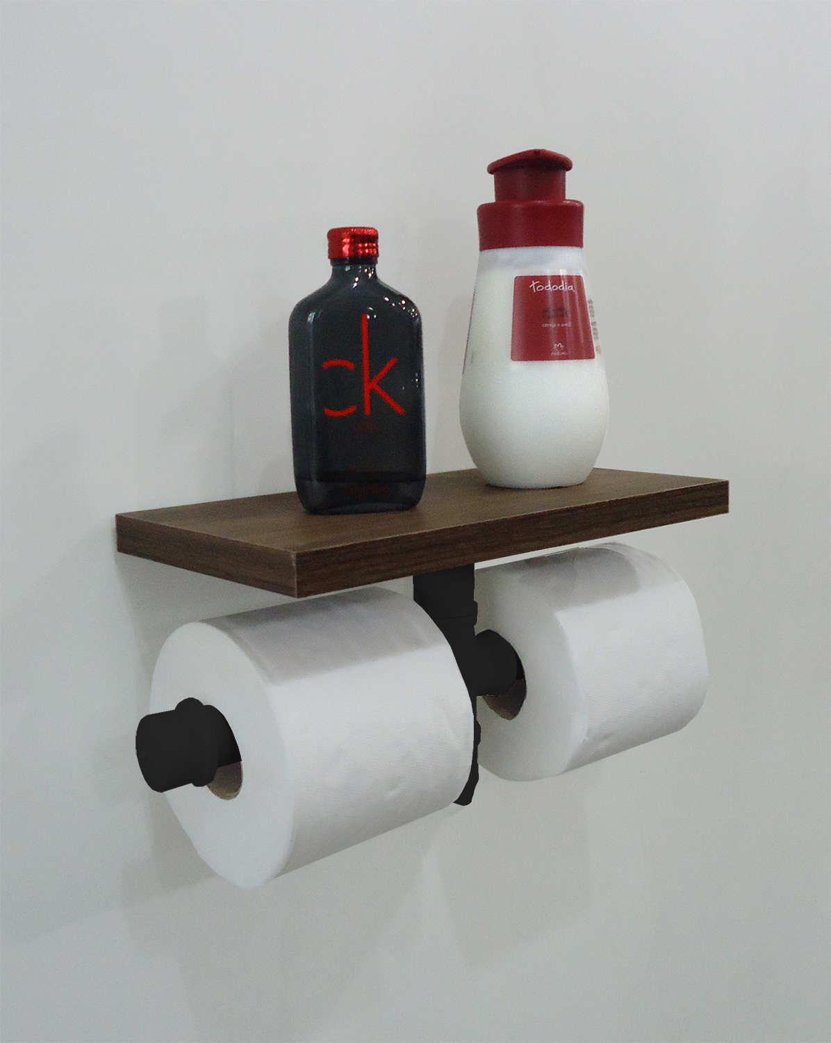 Porta Papel Higiênico Duplo Acessório para Banheiro Papeleira Suporte de Parede Estilo Industrial - Preto Laca