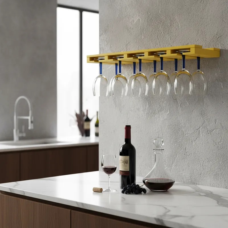 Porta Taças Reto Suporte de Parede Decorativo para Adegas - Amarelo Laca