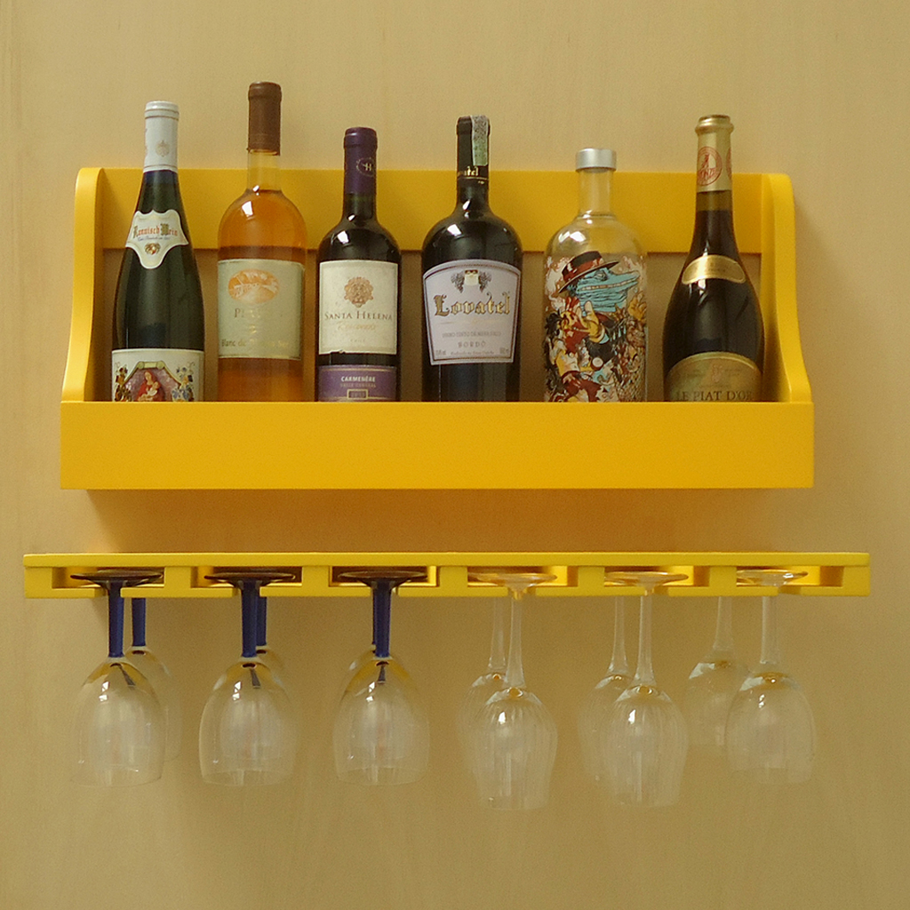 Porta Taças e Prateleira Adega Decorativa Suspenso de Parede para Vinhos Garrafas Bares - Amarelo Laca
