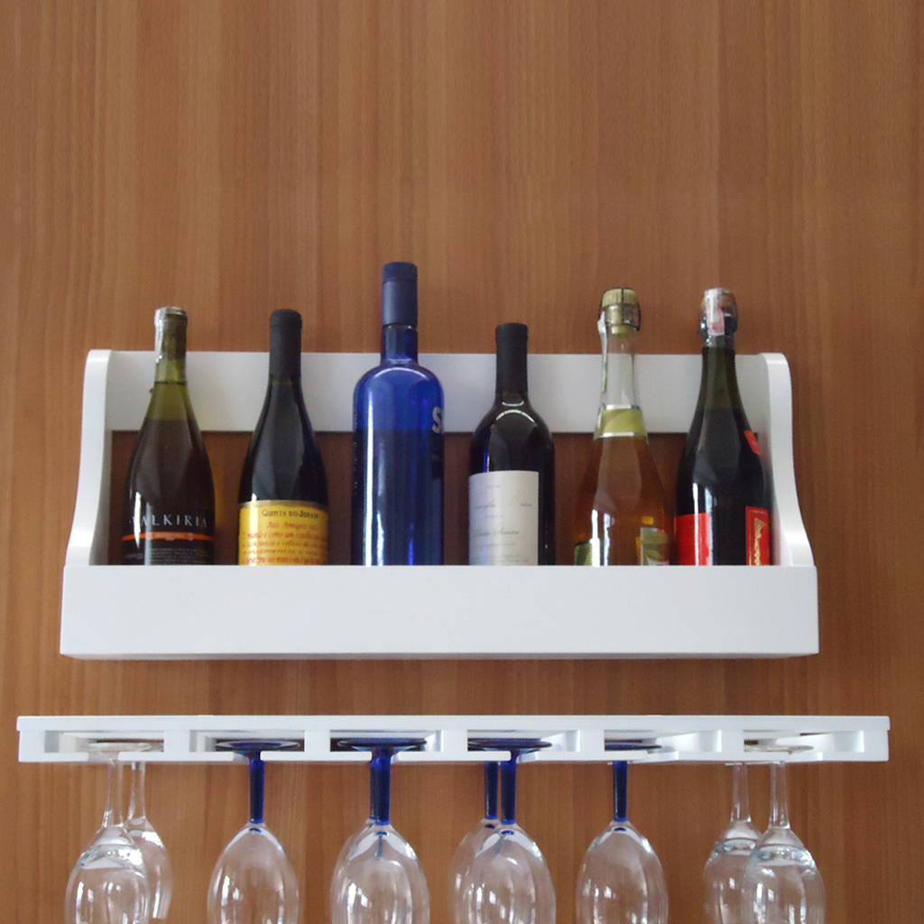 Porta Taças e Prateleira Adega Decorativa Suspenso de Parede para Vinhos Garrafas Bares - Branco Laca