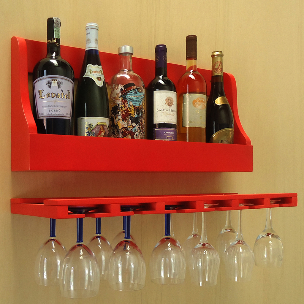 Porta Taças e Prateleira Adega Decorativa Suspenso de Parede para Vinhos Garrafas Bares - Vermelho Laca