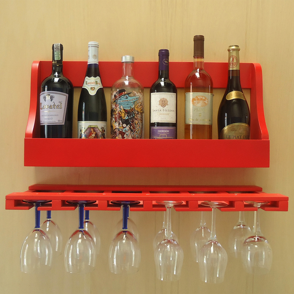 Porta Taças e Prateleira Adega Decorativa Suspenso de Parede para Vinhos Garrafas Bares - Vermelho Laca