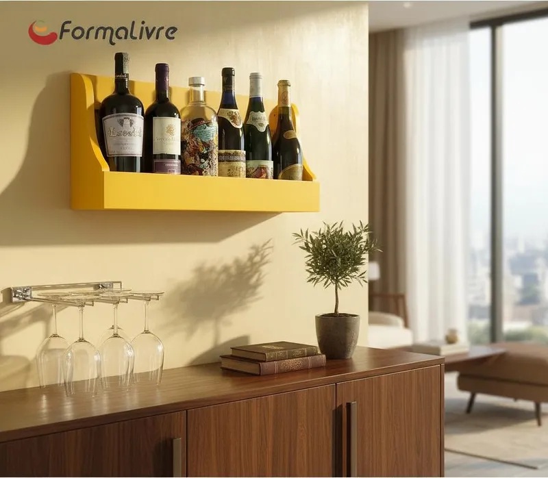 Prateleira Adega Suporte de Parede Decorativo para Vinhos e Bebidas - Amarelo Laca