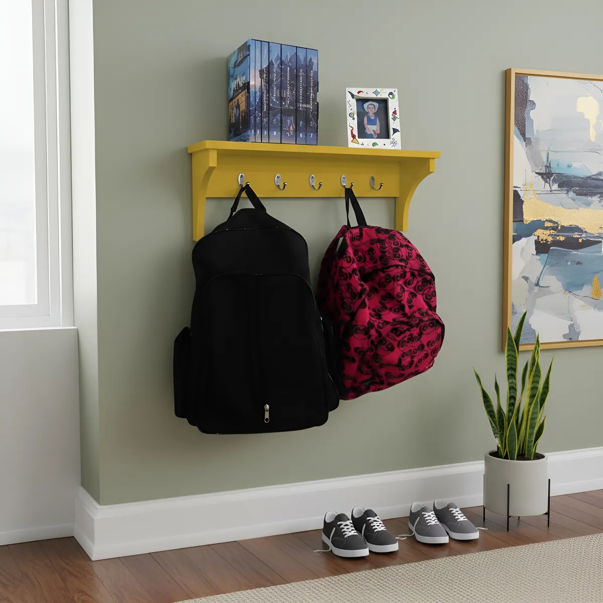 Prateleira Cabideiro Suporte Porta Canecas Utensílios de Cozinha Mochilas Bolsas - Amarelo Laca