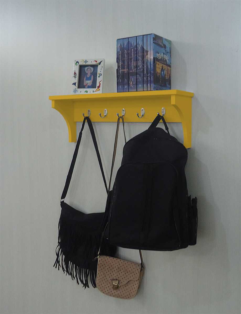 Prateleira Cabideiro Suporte Porta Canecas Utensílios de Cozinha Mochilas Bolsas - Amarelo Laca