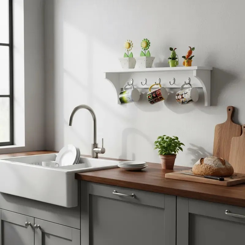 Prateleira Cabideiro Suporte Porta Canecas Utensílios de Cozinha Mochilas Bolsas - Branco Laca