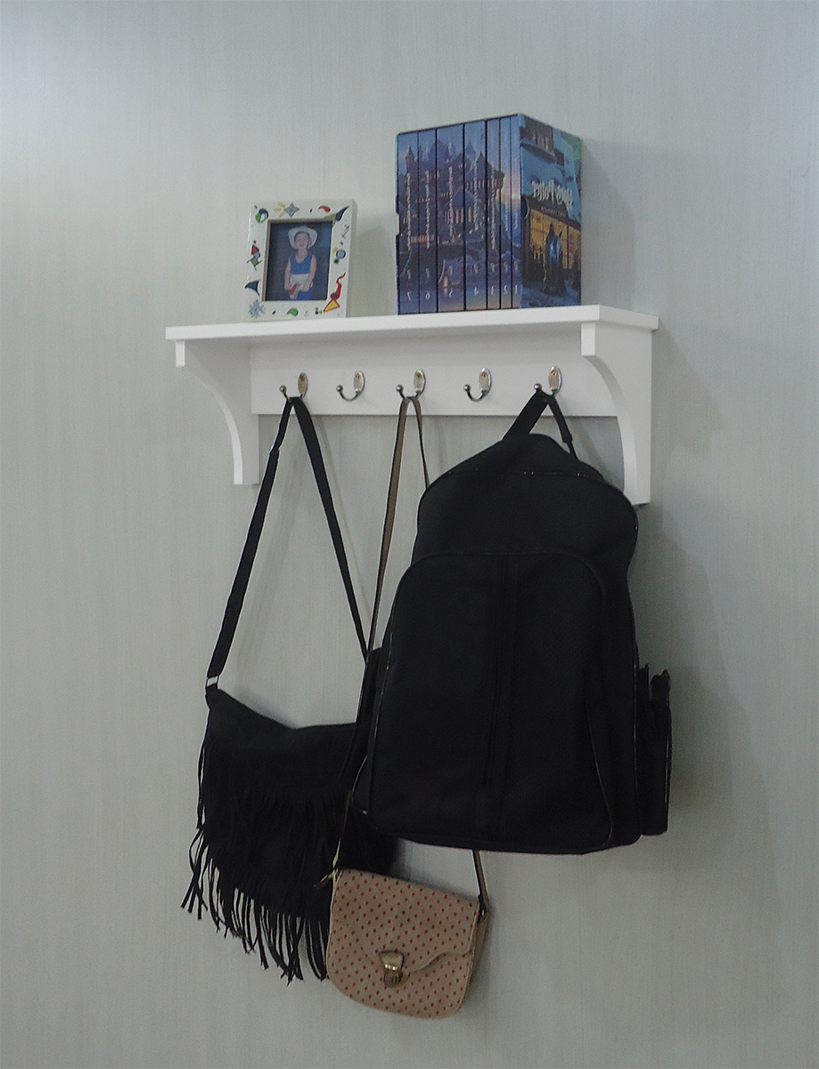 Prateleira Cabideiro Suporte Porta Canecas Utensílios de Cozinha Mochilas Bolsas - Branco Laca