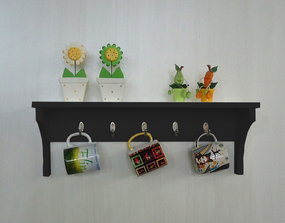 Prateleira Cabideiro Suporte Porta Canecas Utensílios de Cozinha Mochilas Bolsas - Preto Laca