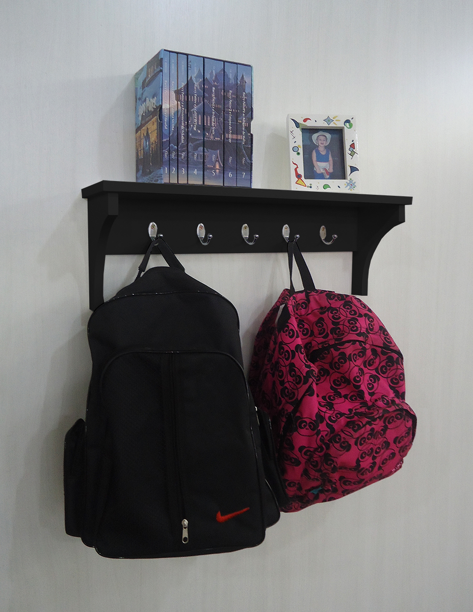 Prateleira Cabideiro Suporte Porta Canecas Utensílios de Cozinha Mochilas Bolsas - Preto Laca
