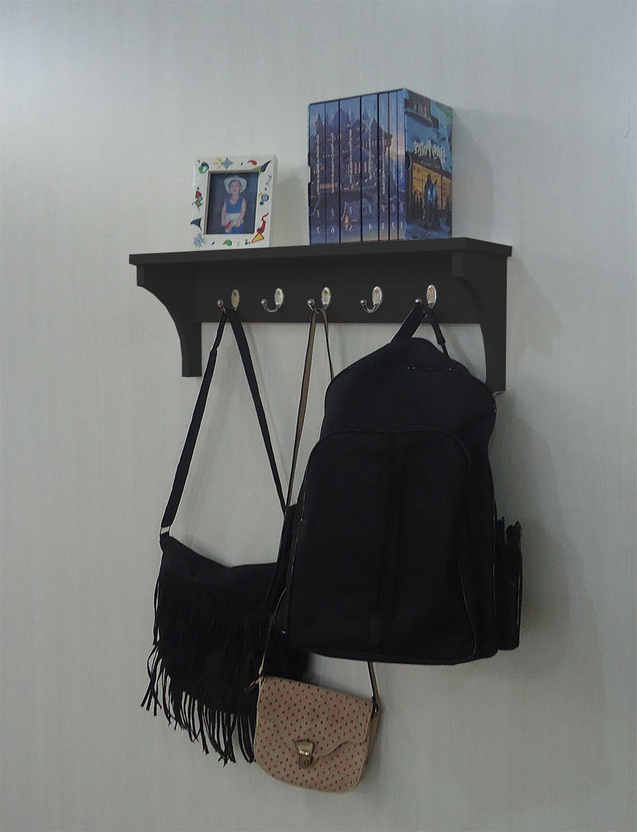 Prateleira Cabideiro Suporte Porta Canecas Utensílios de Cozinha Mochilas Bolsas - Preto Laca